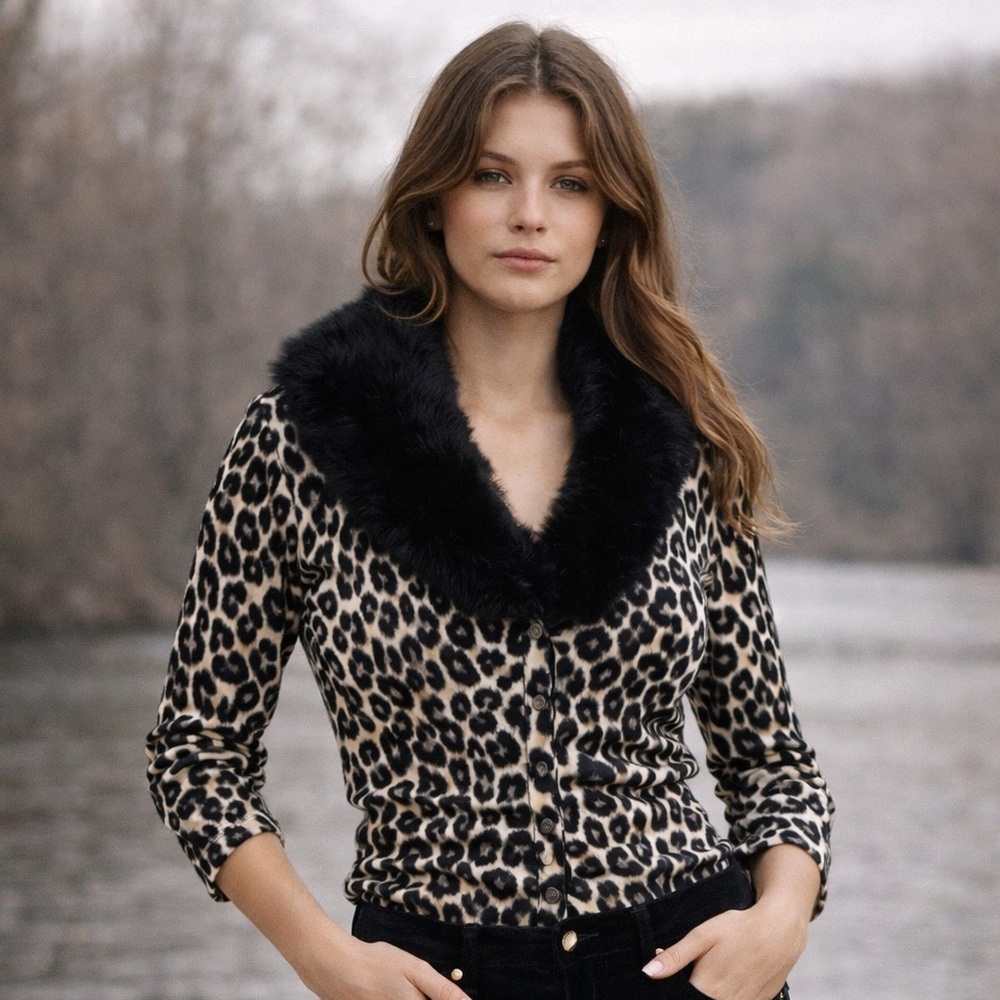 Leopard Print Faux-Fur Collar Cardigan - Black & Tan
